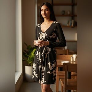 Simply Vera Wang Black w/ Cream Floral Long Sleeve Dress Sz m EUC Super Chic DD